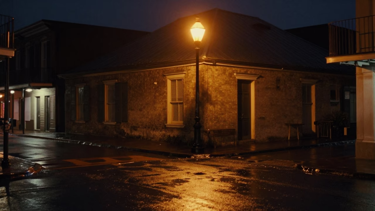 Midnight New Orleans Street Scene with Wet Pavement and Vintage Automobile in in New Orleans, Louisiana, United States