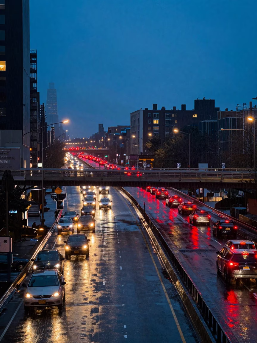 Midnight New York City Overpass Interchange Glowing Taillights After Rain 1990s in in New York, New York, United States