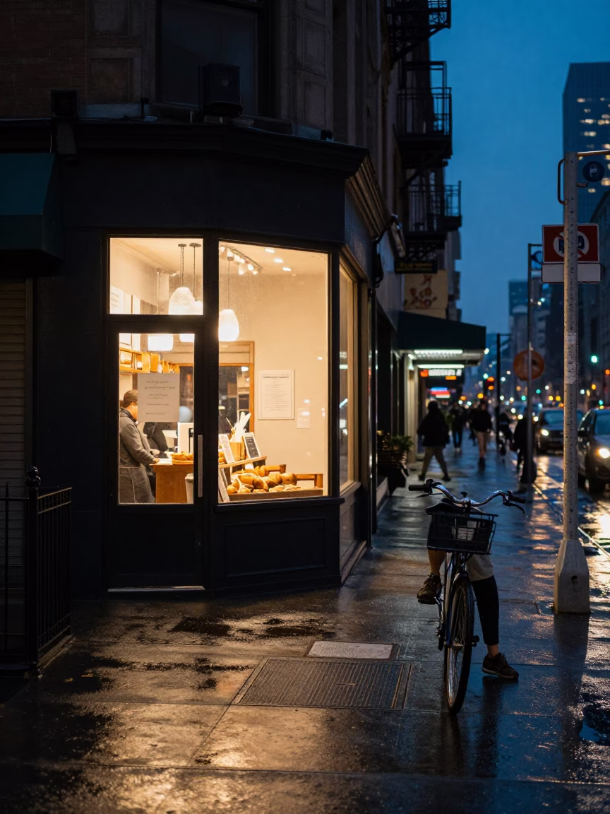 Midnight New York City Street Scene with Bicycle and Bakery Exterior in in New York, New York, United States