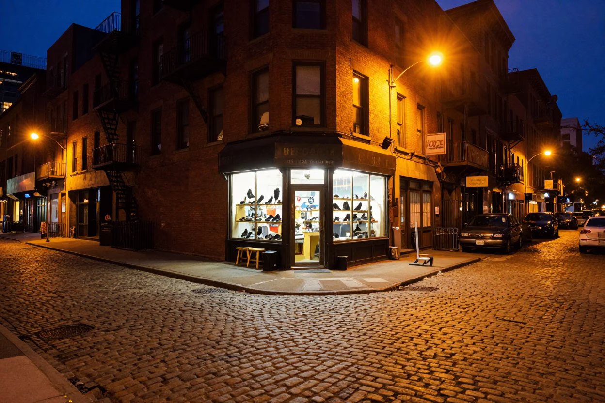 Midnight New York City Street Scene with Cobblestone Alley and Shoe Repair Shop in in New York, New York, United States