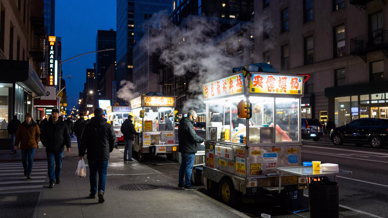 Midnight New York City Street Scene with Food Vendors and City Lights in in New York, New York, United States