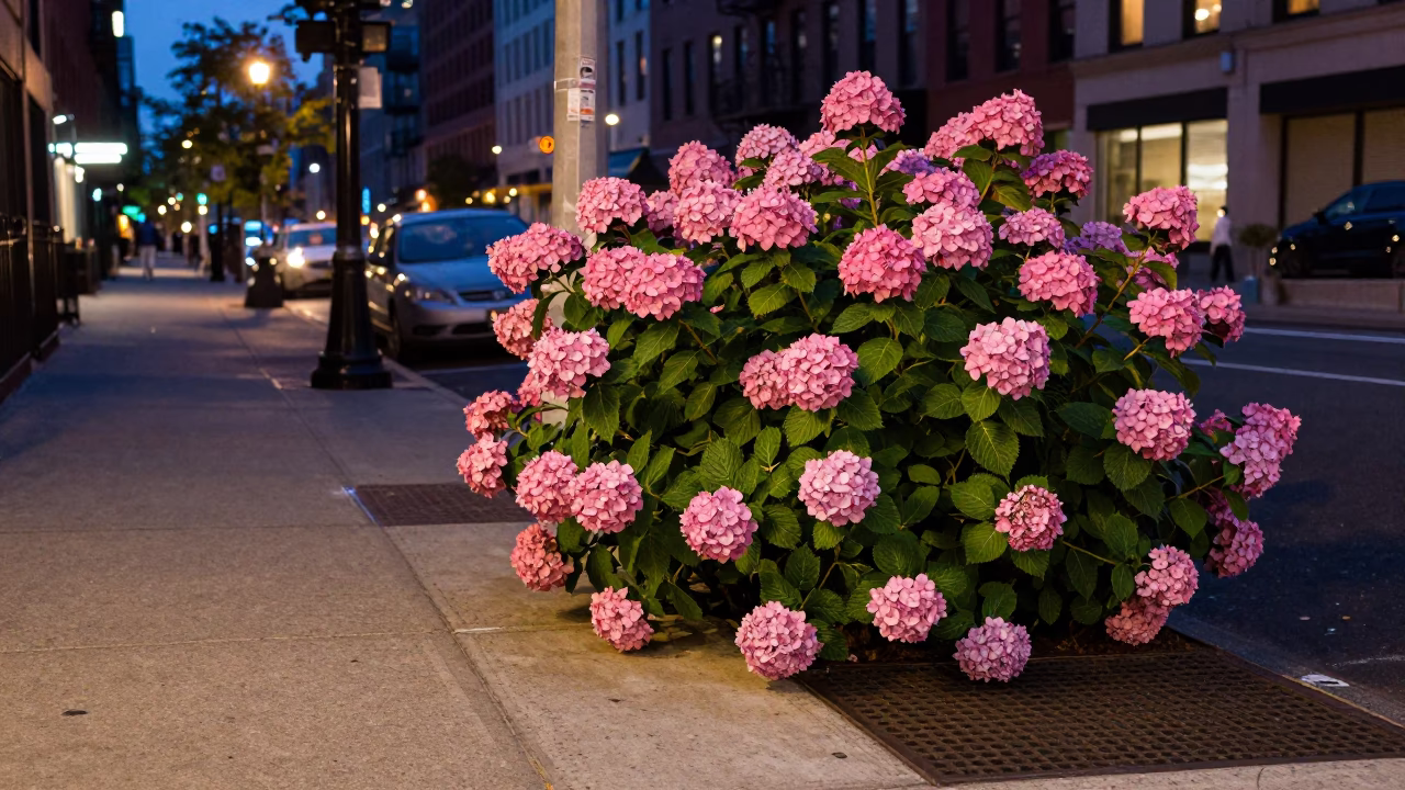 Midnight New York Street Corner with Hydrangeas and Urban Detail in in New York, New York, United States