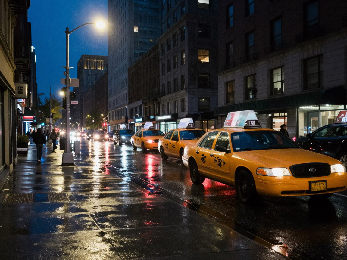 Midnight New York Street Corner with Yellow Taxi and Wet Pavement Reflections in in New York, New York, United States
