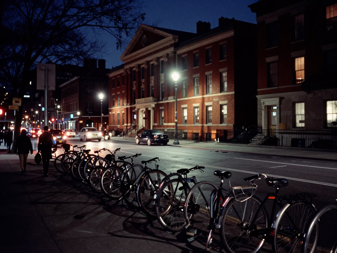 Midnight New York Street Scene with Campus Bicycle Rack and Oranges in in New York, New York, United States