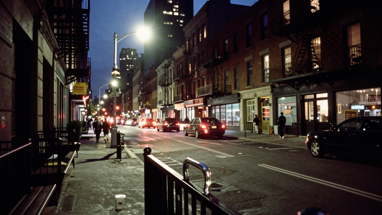 Midnight New York Street Scene with Fire Escape and Urban Details in in New York, New York, United States