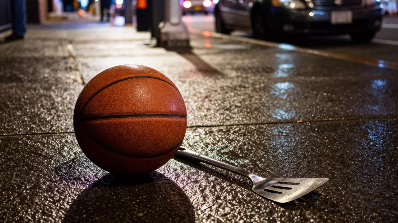 Midnight New York Street Scene with Leather Basketball and Spatula on Sidewalk in in New York, New York, United States