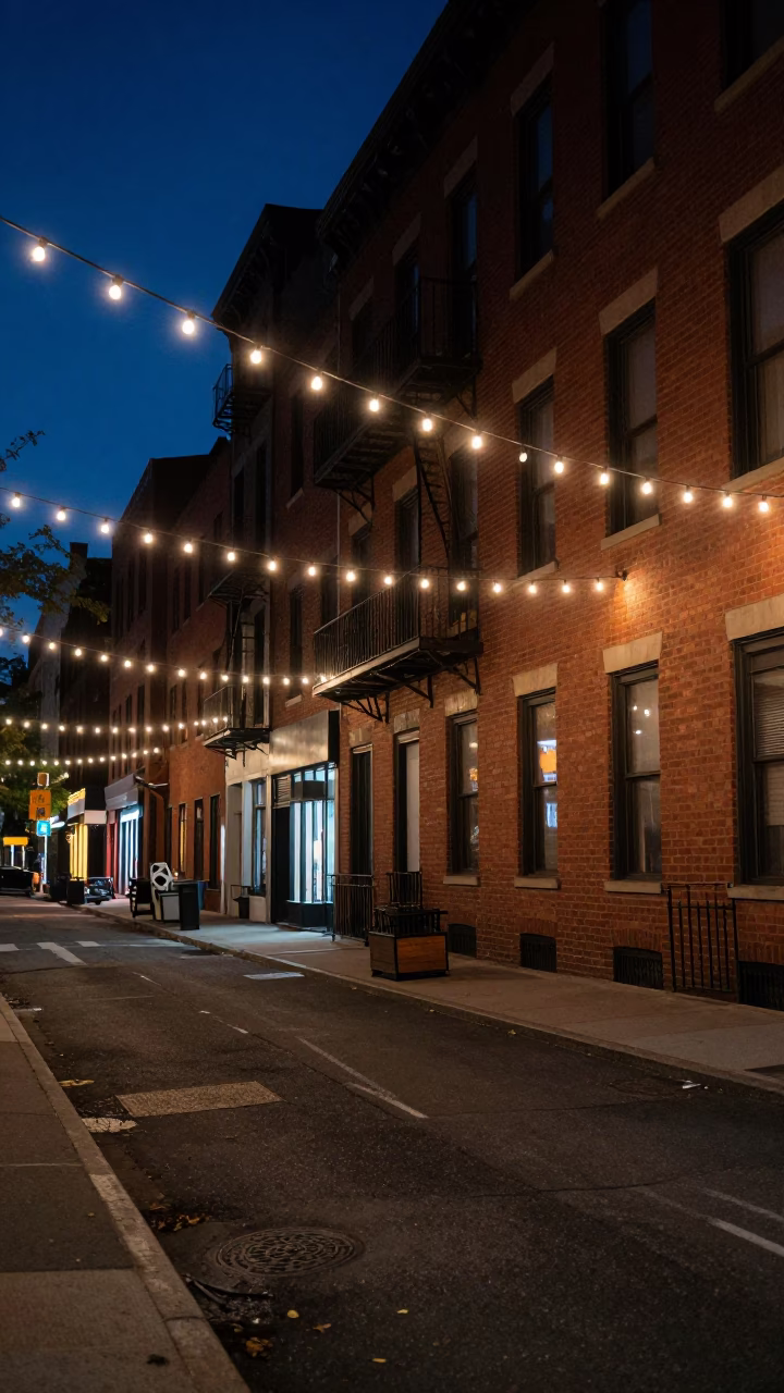 Midnight New York Street Scene with String Lights and Urban Details in in New York, New York, United States