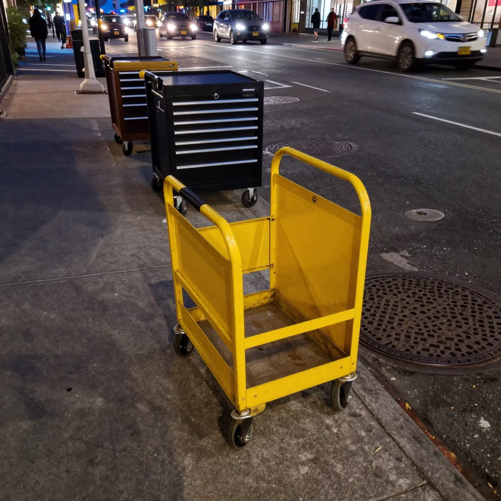 Midnight New York Street Scene with Tool Caddies and Brushed Steel Rim on Sidewalk in in New York, New York, United States