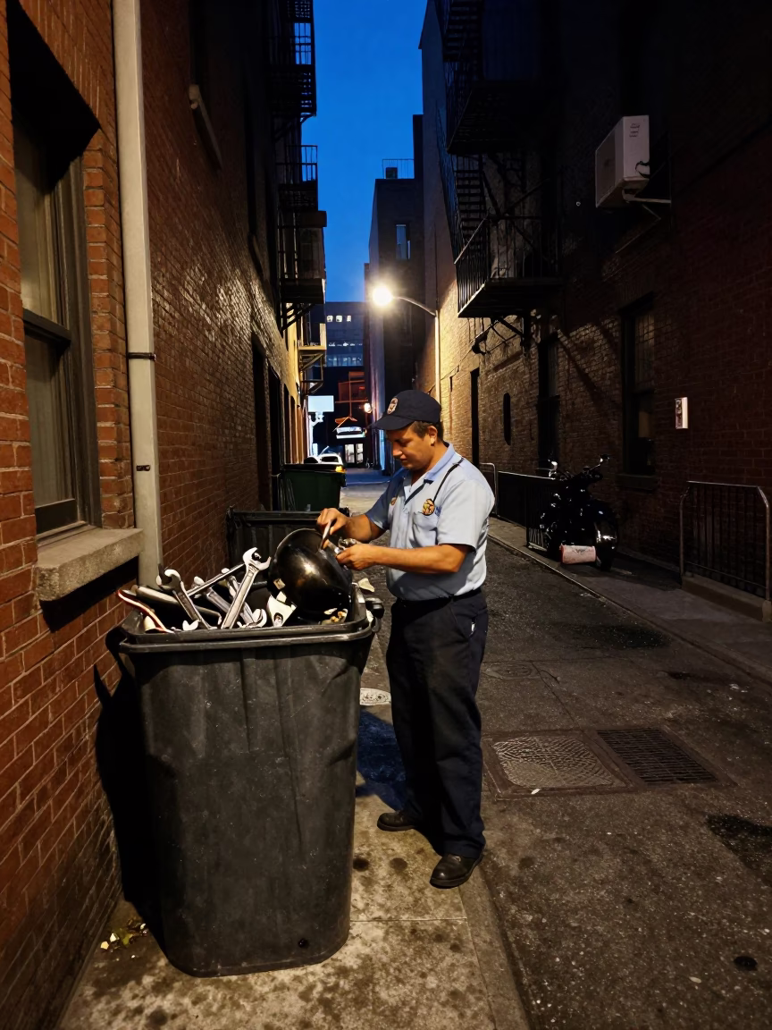 Midnight New York Street Scene with Wrench and Saucepan in Urban Alleyway in in New York, New York, United States