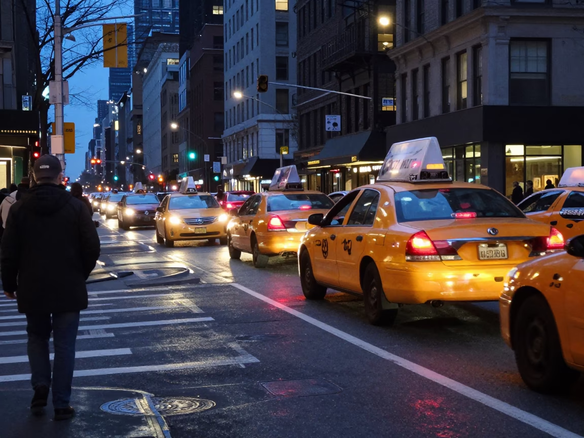Midnight New York Street Scene with Yellow Taxi and City Lights in in New York, New York, United States