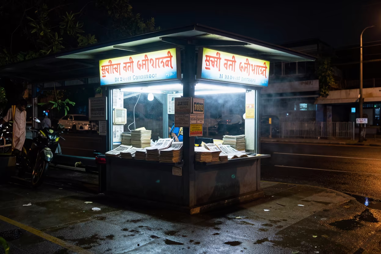 Midnight Newsstand Glow at Cuddalore Tram Stop in at a tram stop in Cuddalore
