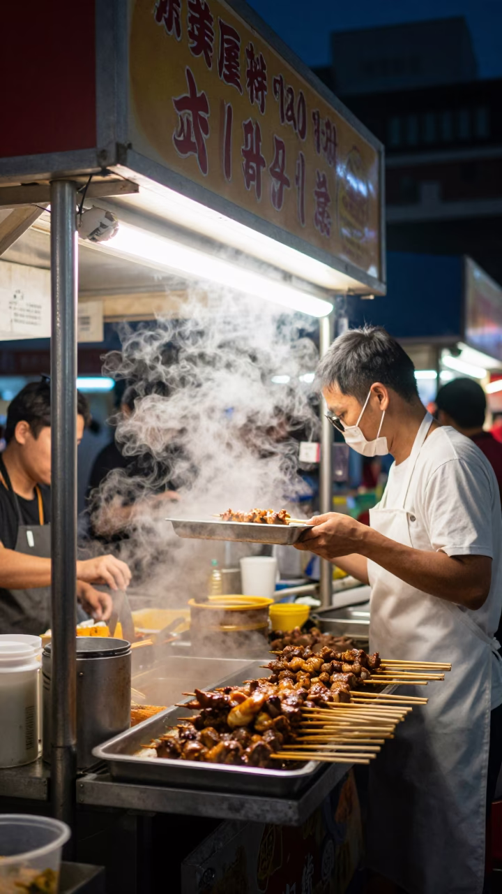 Midnight Night Market Food Stall in Singapore with Steam and Colorful Dishes in in Singapore, Singapore