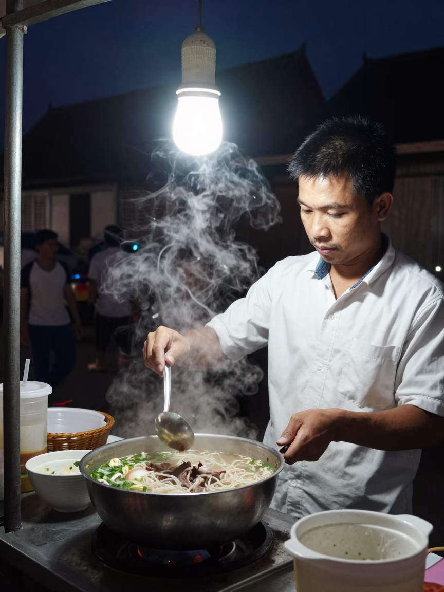 Midnight Night Market Street Food Vendor Serving Thukpa Noodles in Luang Prabang Laos in in Luang Prabang, Laos