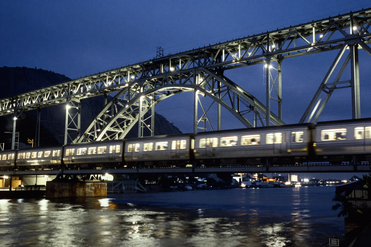Midnight Night Train Crossing Floodlit Iron Bridge in Rio de Janeiro Brazil in in Rio de Janeiro, Brazil