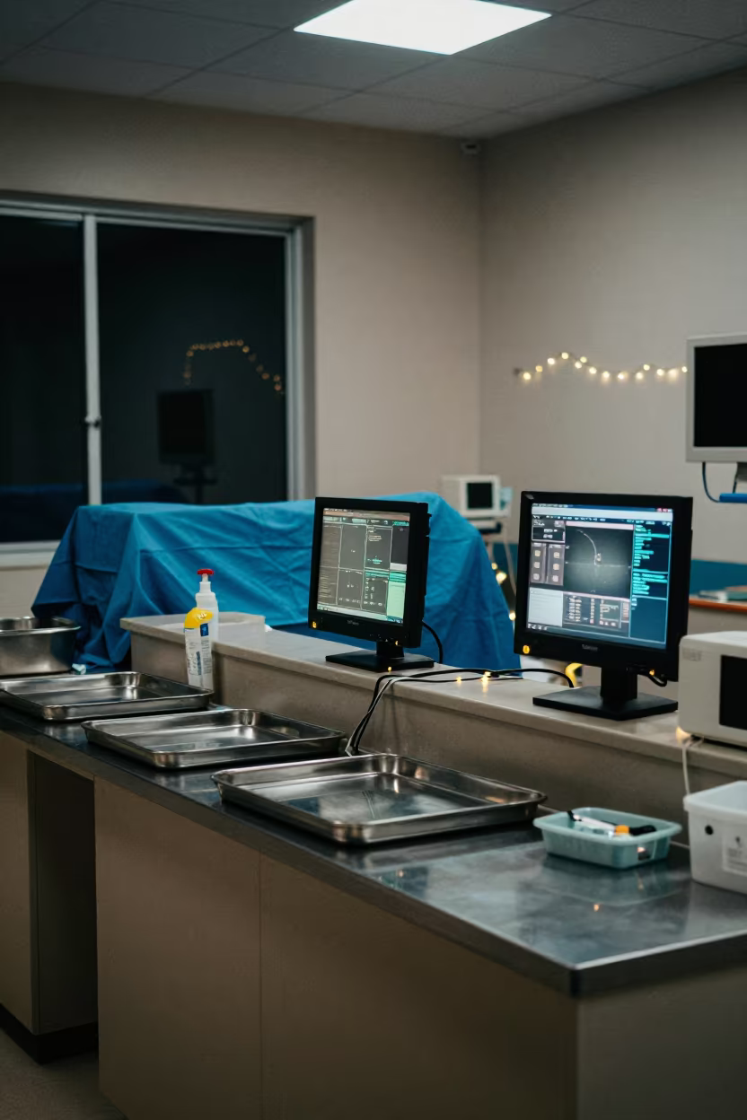 Midnight Nurse Station with Blue Drapes and Monitor Glow in at a nurse station under monitor glow in Khulna