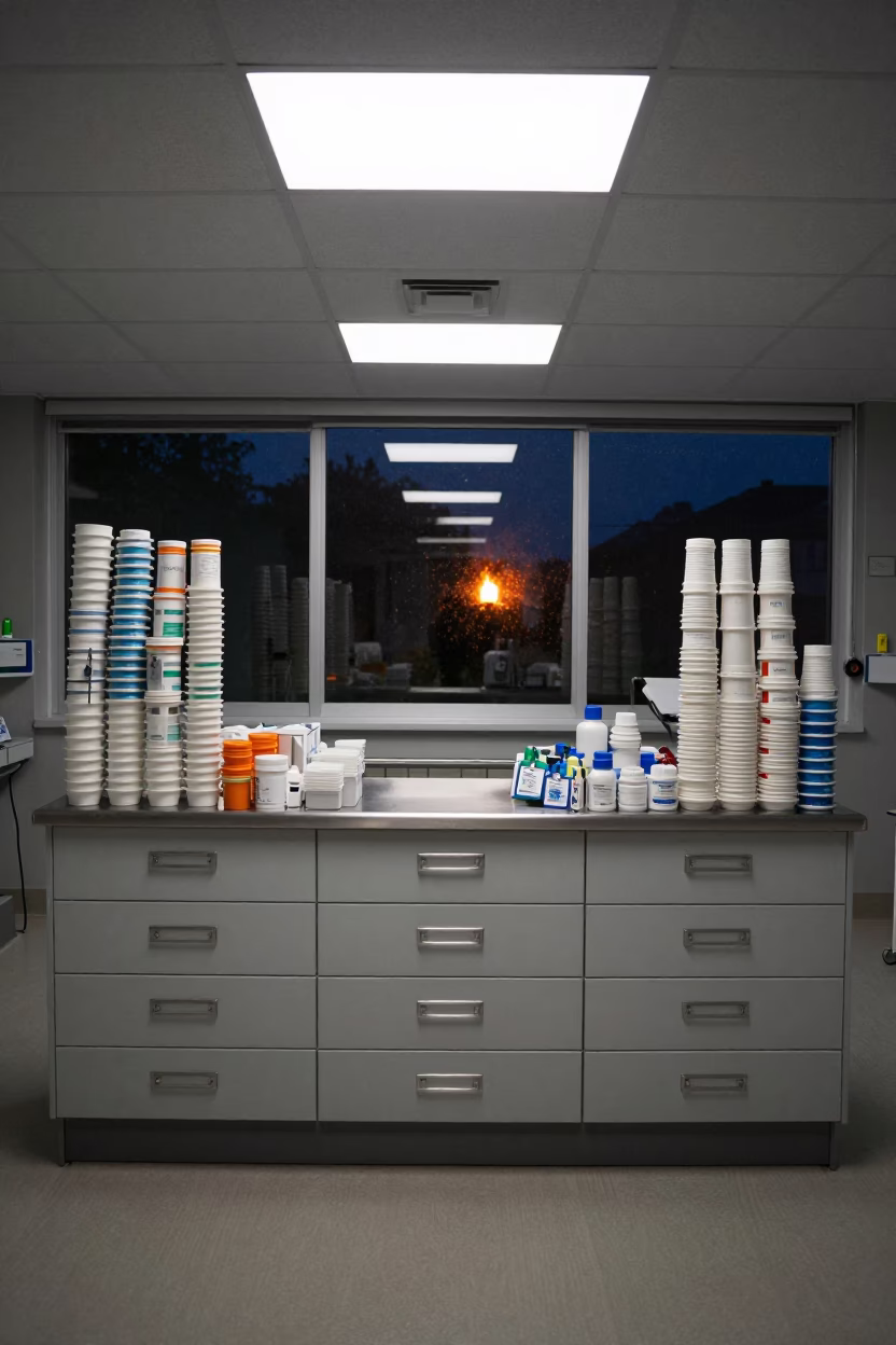 Midnight Nurse Station with Med Cups in Firelight in inside an imaging suite near Kingston
