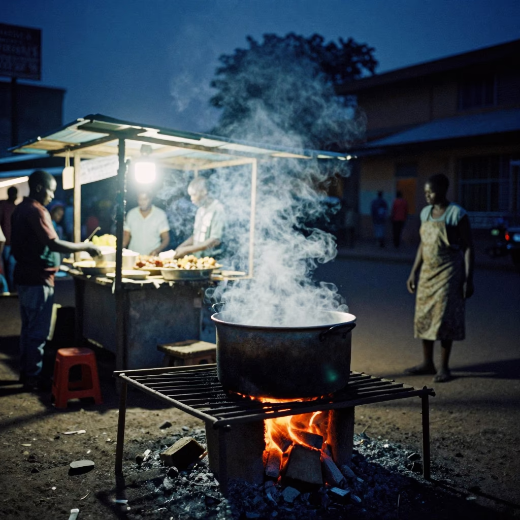 Midnight Nyama Choma Street Scene in Nairobi Kenya with Drying Rack and Pot in in Nairobi, Kenya