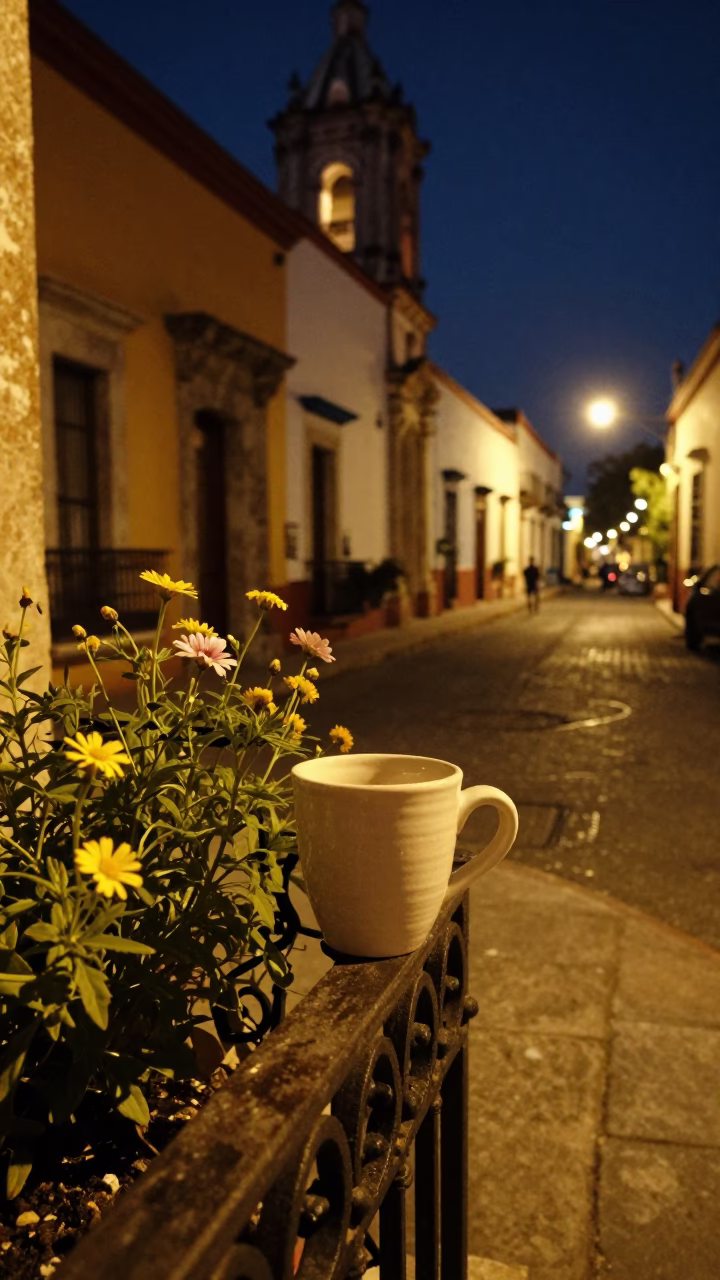 Midnight Oaxaca Street Scene with Ceramic Cup and Wildflowers on Colonial Balcony in in Oaxaca, Mexico