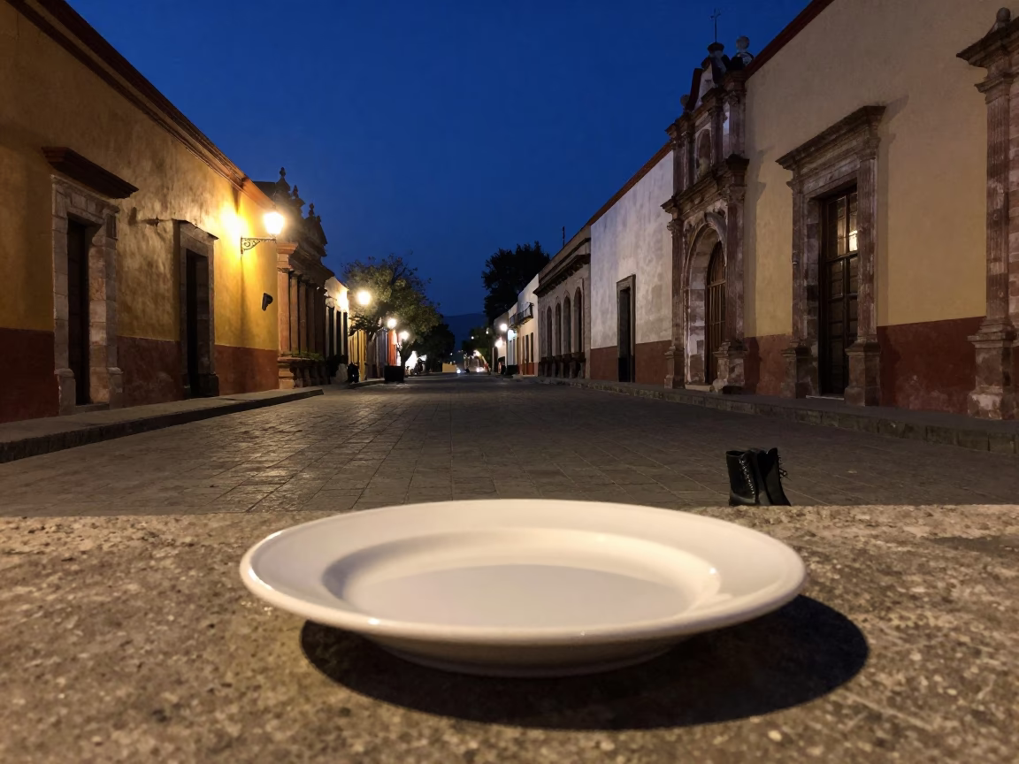 Midnight Oaxaca Street Scene with Ceramic Plate and Boot Scraper in Mexican Colonial Plaza in in Oaxaca, Mexico