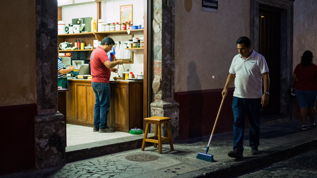 Midnight Oaxaca Street Scene with Kitchen Stool and Scrub Brush in in Oaxaca, Mexico