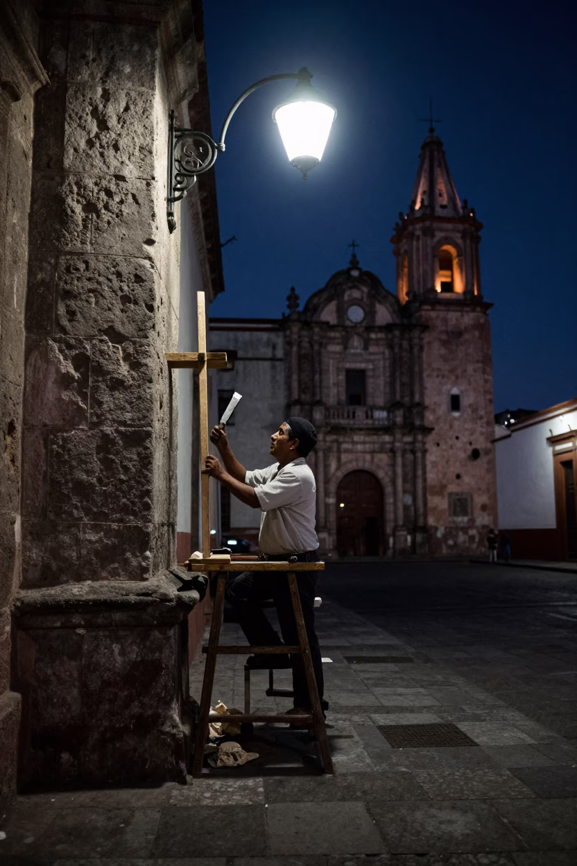 Midnight Oaxaca Street Scene with Local Artisan and Traditional Tools in in Oaxaca, Mexico