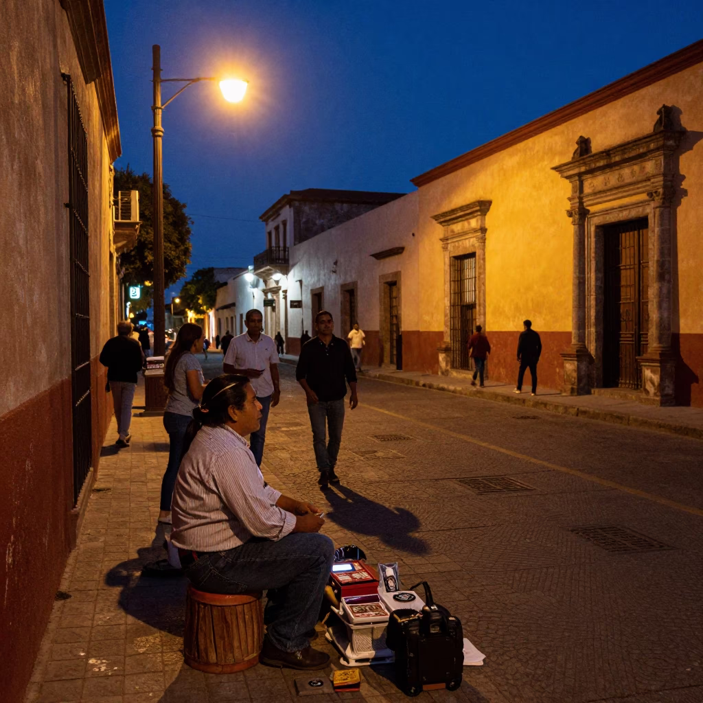 Midnight Oaxaca Street Scene with Local Artisan and Traditional Woven Basket in in Oaxaca, Mexico