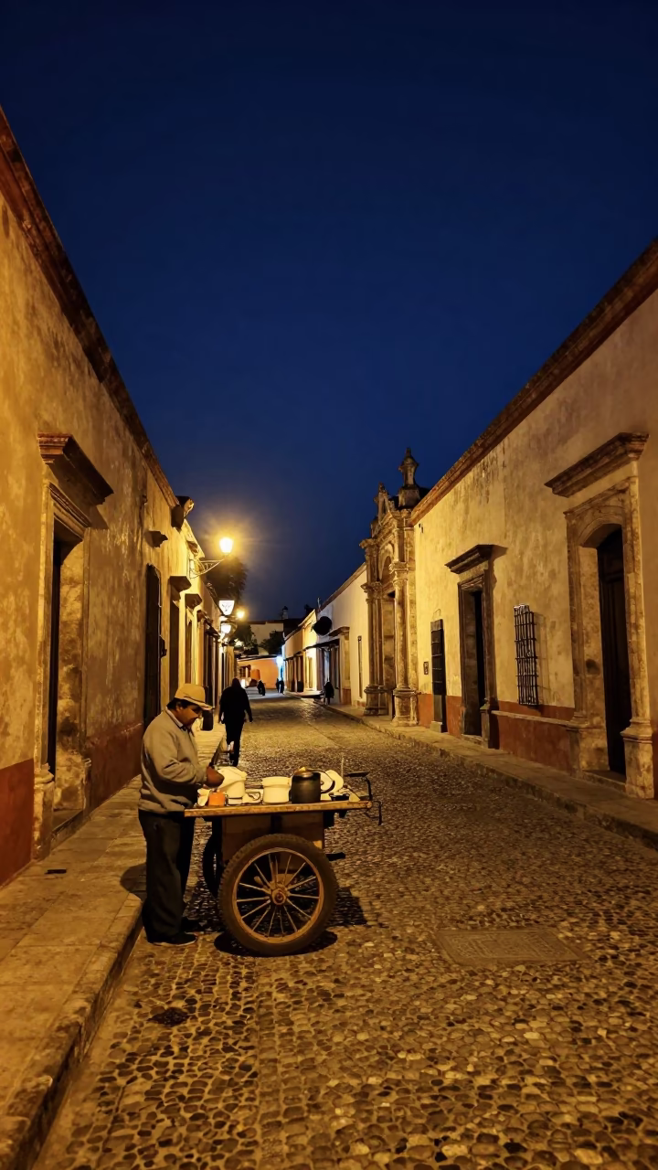 Midnight Oaxaca Street Scene with Local Vendor and Night Sky in in Oaxaca, Mexico