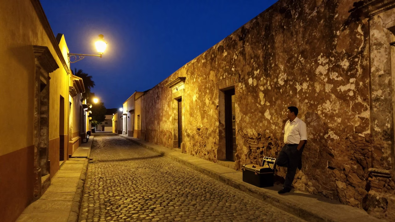 Midnight Oaxaca Street Scene with Vintage Toolbox and Local Interaction in in Oaxaca, Mexico