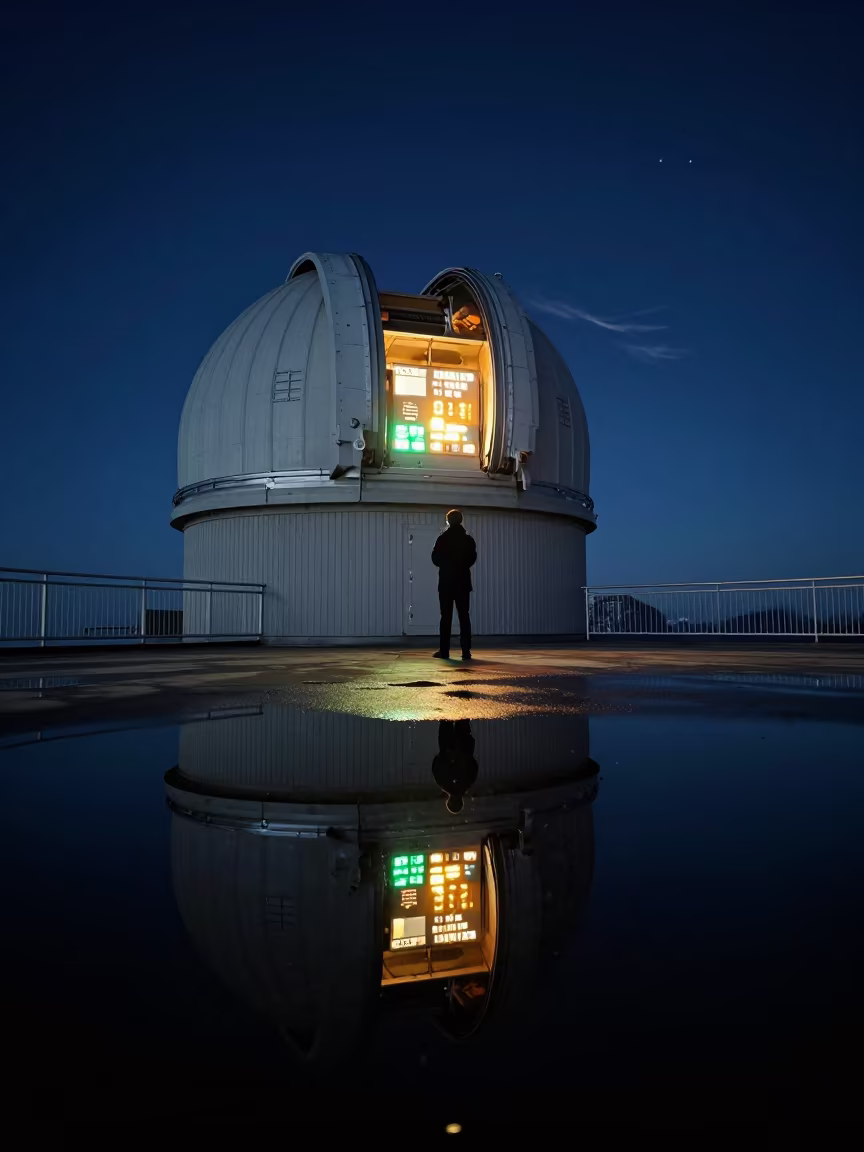 Midnight Observatory Deck Water Reflection Austria in on a wind-scoured research platform in Austria