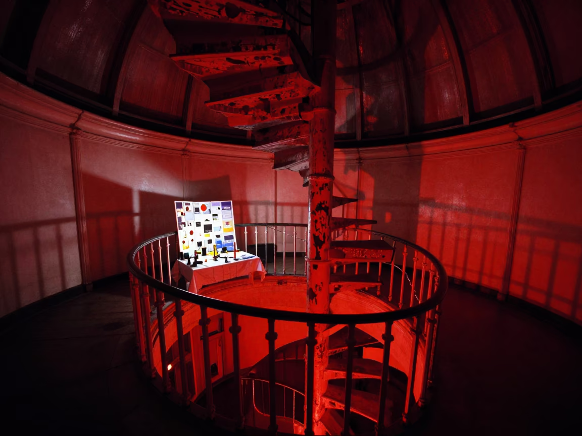 Midnight Observatory Stairwell with Red Lighting and Scientific Props in London in in London, United Kingdom