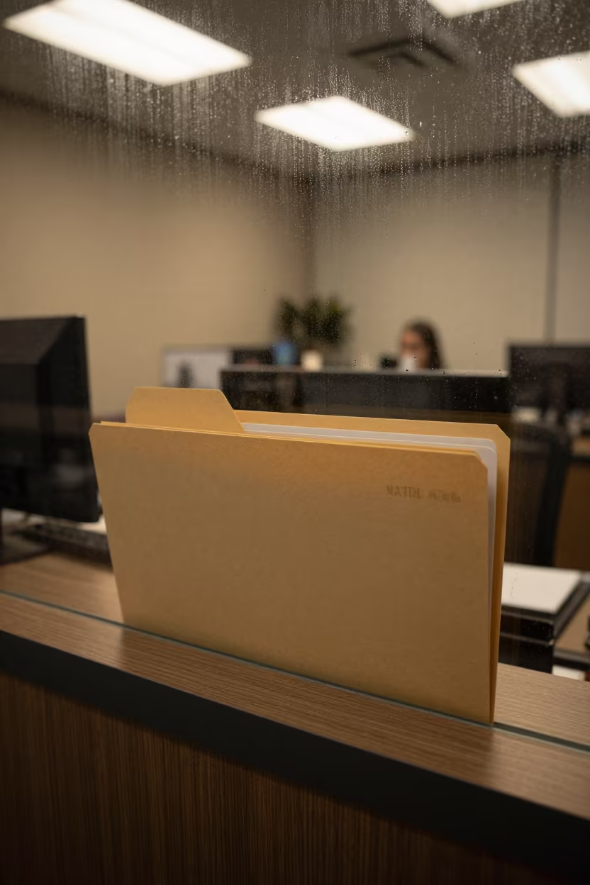 Midnight Office Card Dispute Folder Natal in at an office reception desk in Natal