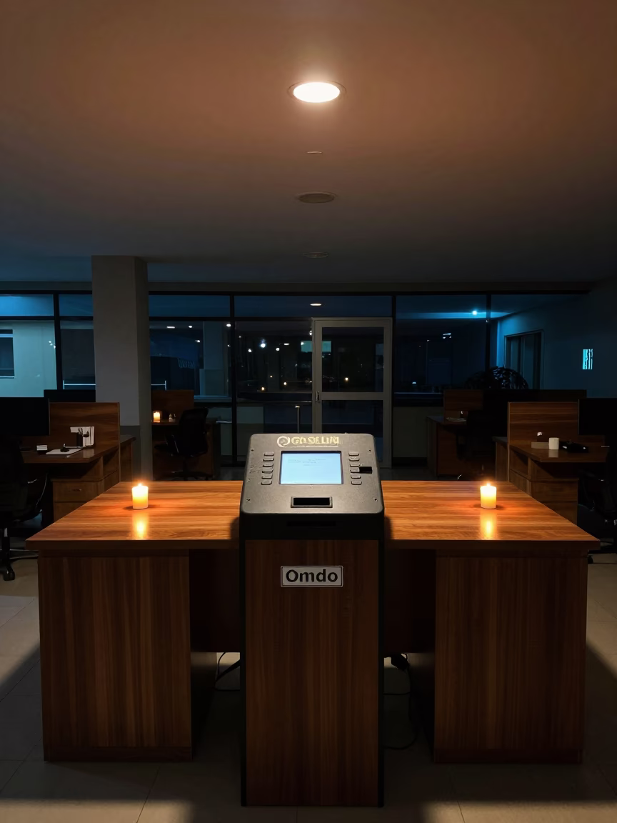 Midnight Office Kiosk in Warm Candlelight in inside an open-plan office bay in Ondo