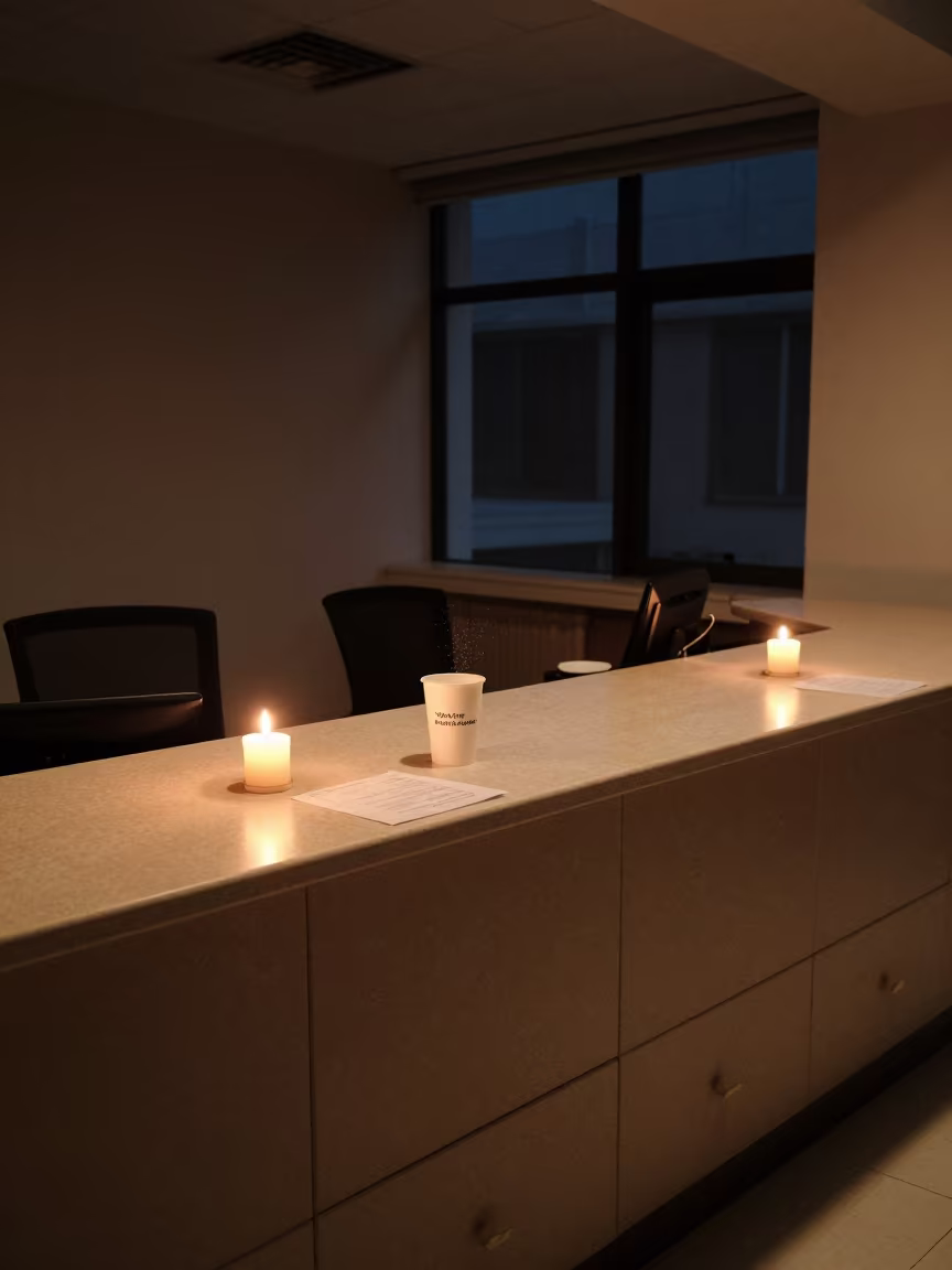 Midnight Office Token Cup with Dust and Glare in at an office reception desk in Shah Faisal Town