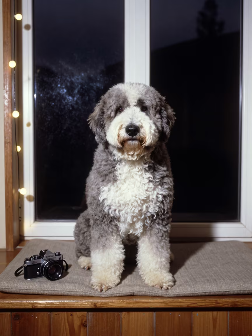 Midnight Old English Sheepdog Portrait in Elazig in on a cushioned window seat with soft side light and an uncluttered background in Elazığ