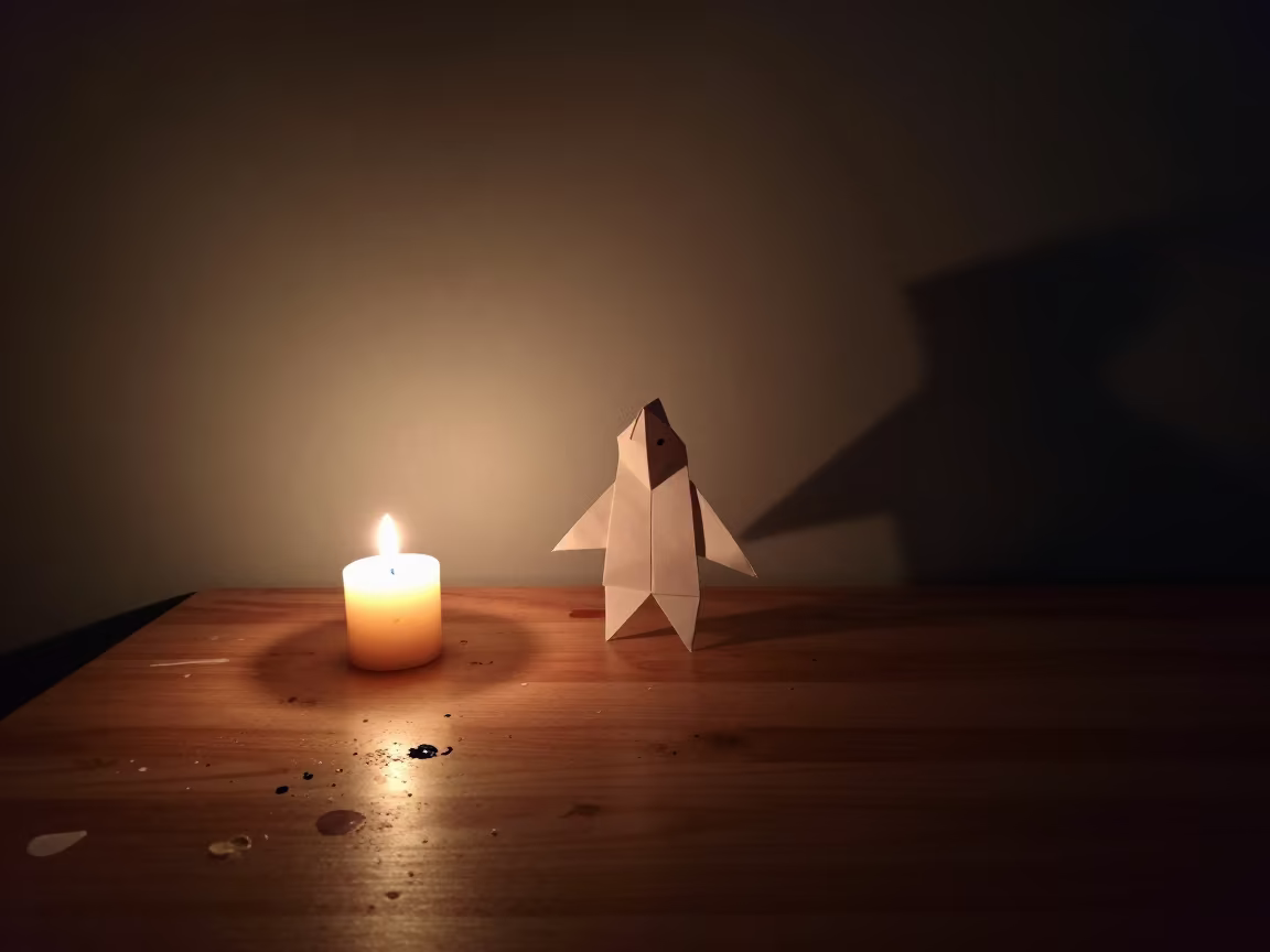 Midnight Origami on Paint-Splattered Studio Desk in on a writing desk in Warnes