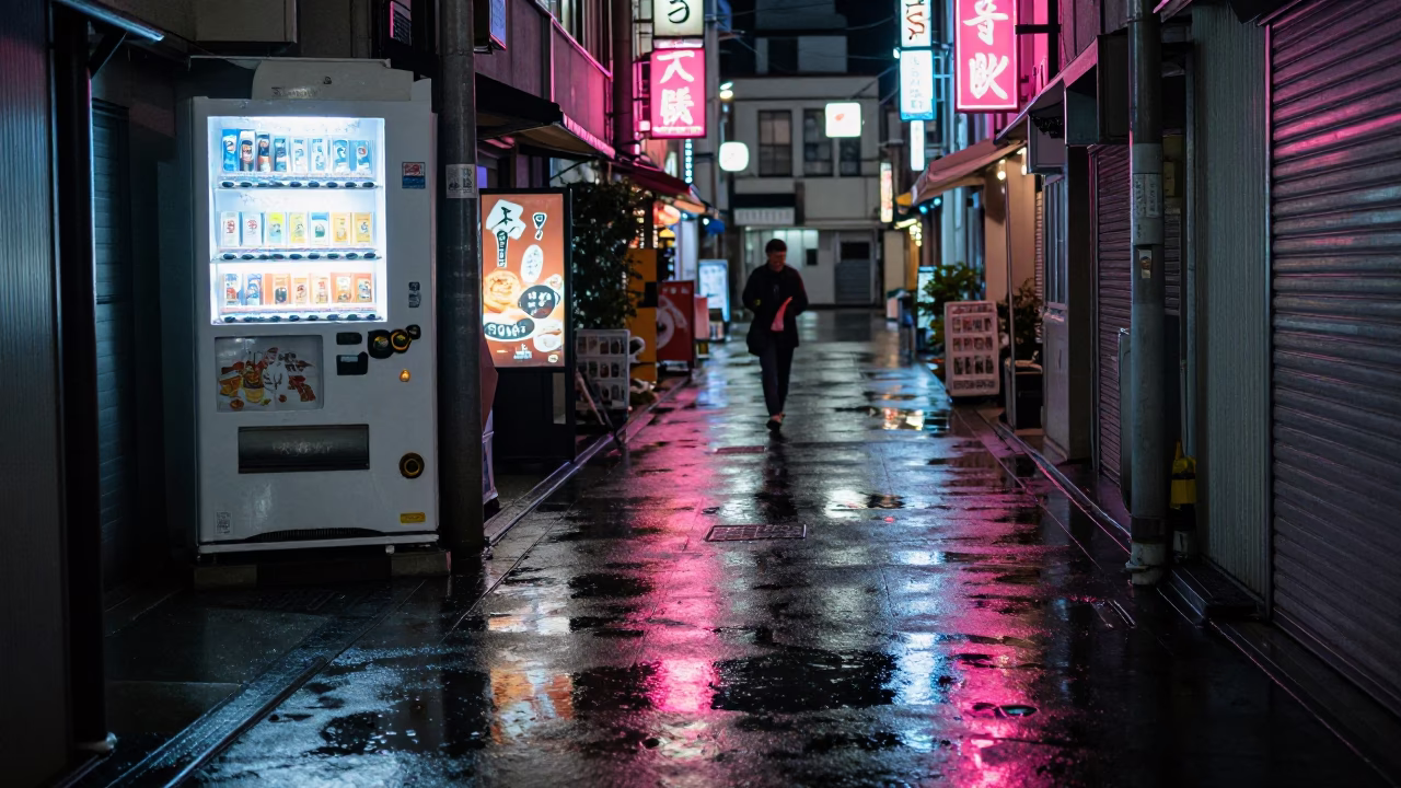 Midnight Osaka Alleyway Neon Reflections on Wet Pavement and Urban Life in in Osaka, Japan