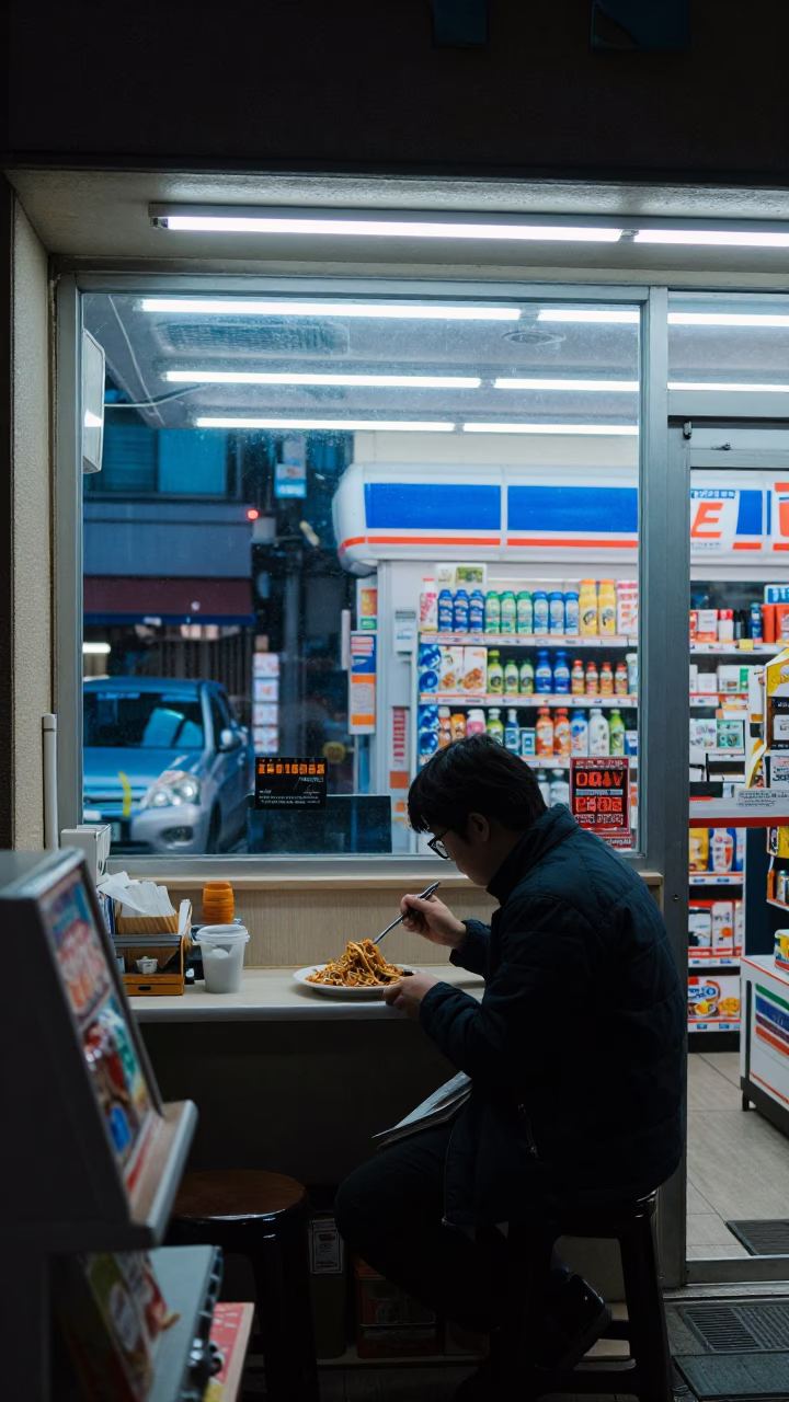 Midnight Osaka Convenience Store Interior with Customer Using Book Light and Pad Thai Meal in in Osaka, Japan
