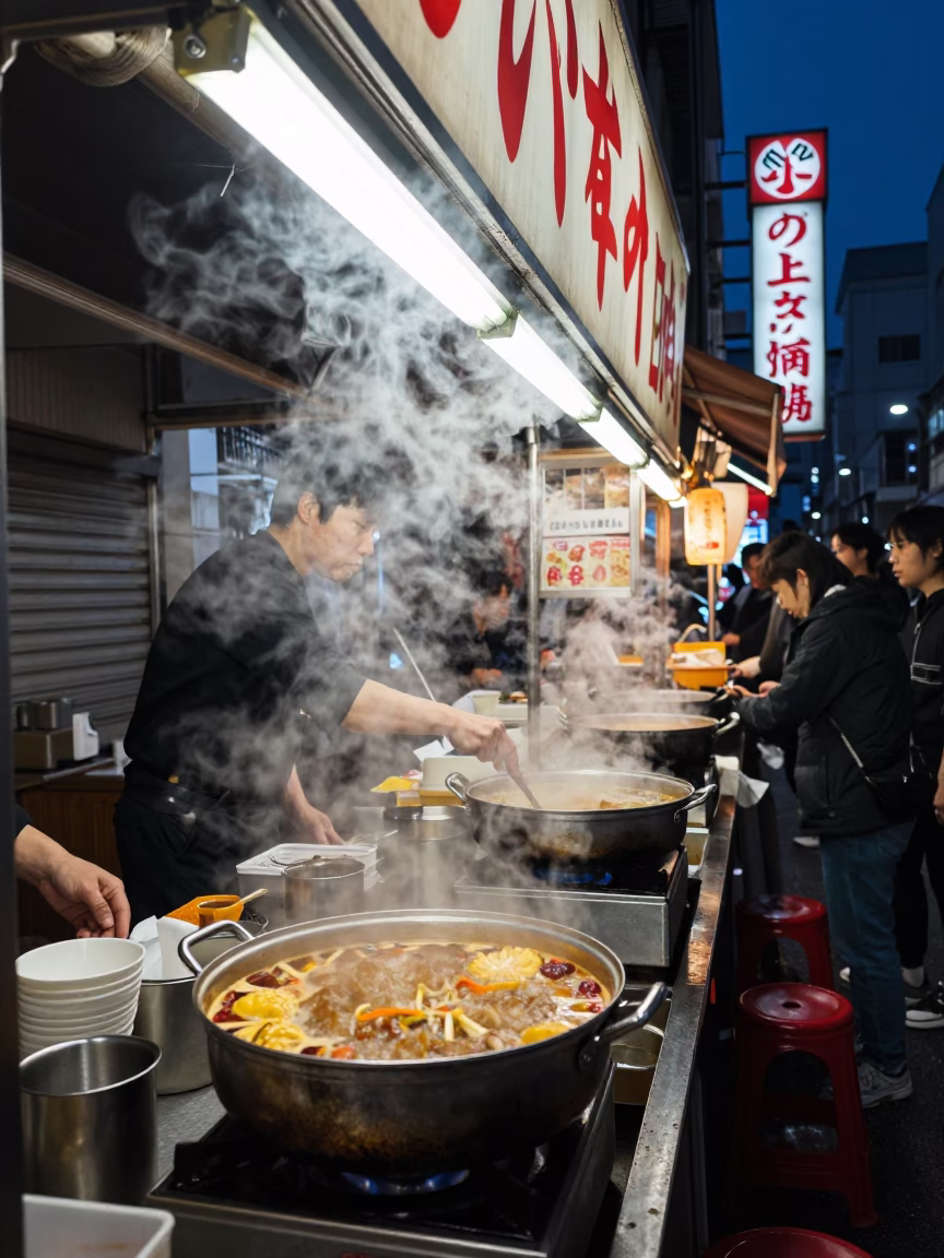 Midnight Osaka Street Food Stall with Steam and Neon Lights in in Osaka, Japan