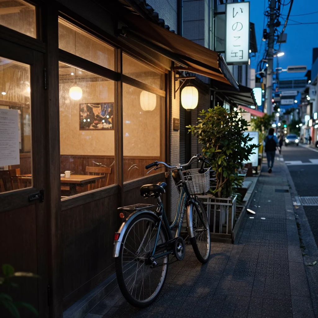 Midnight Osaka Street Scene with Bicycle Leaning Against Cafe and Neon Lights in in Osaka, Japan