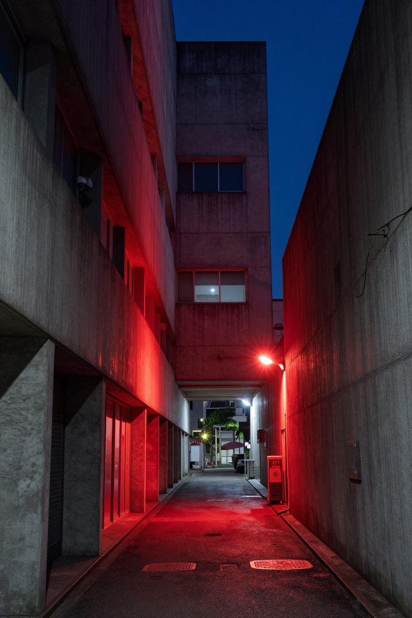 Midnight Osaka Street Scene with Concrete Brutalist Architecture and Red Light in in Osaka, Japan