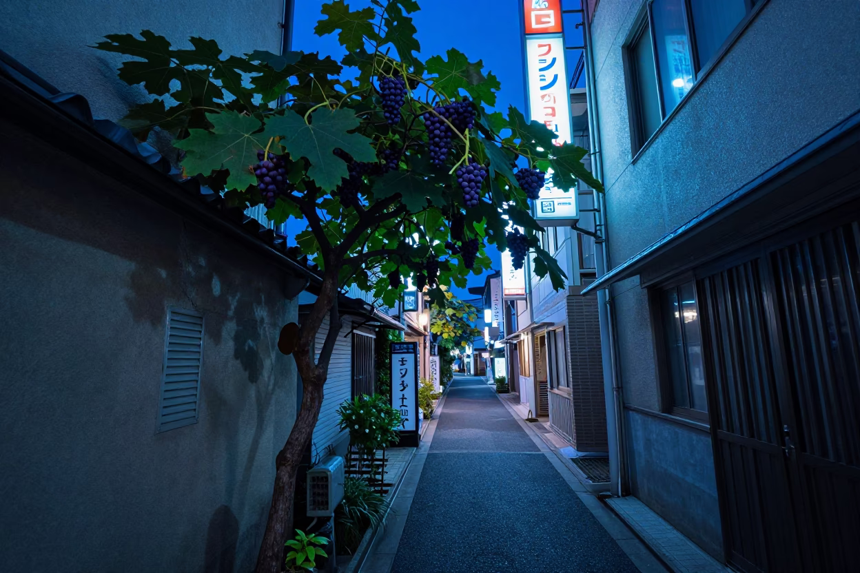 Midnight Osaka Street Scene with Fig Tree and Grapes in Urban Alley in in Osaka, Japan