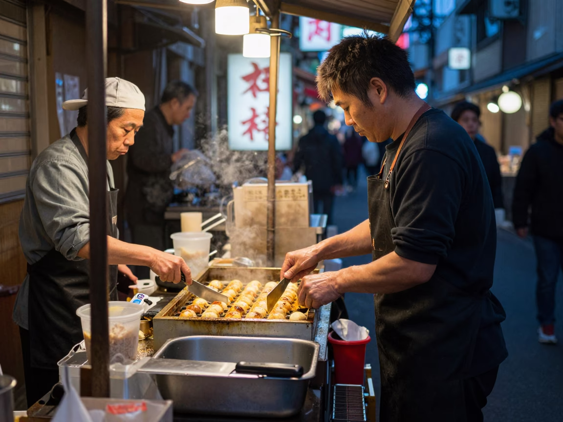 Midnight Osaka Street Scene with Food Stalls and Neon Lights in in Osaka, Japan