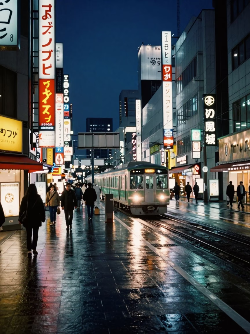 Midnight Osaka Street Scene with Metro Train and Neon Reflections in High Fashion Style in in Osaka, Japan