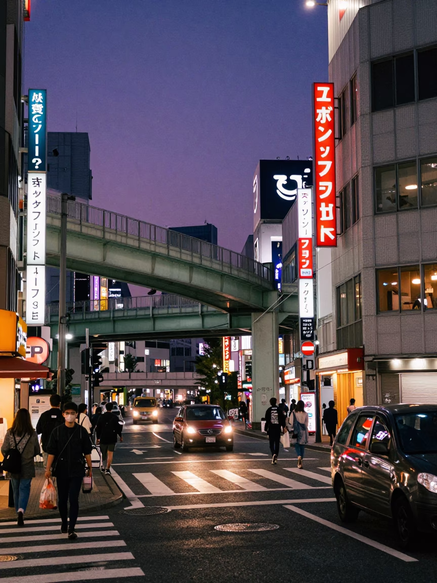 Midnight Osaka Street Scene with Neon Lights and Overpass Interchange Ramp in in Osaka, Japan
