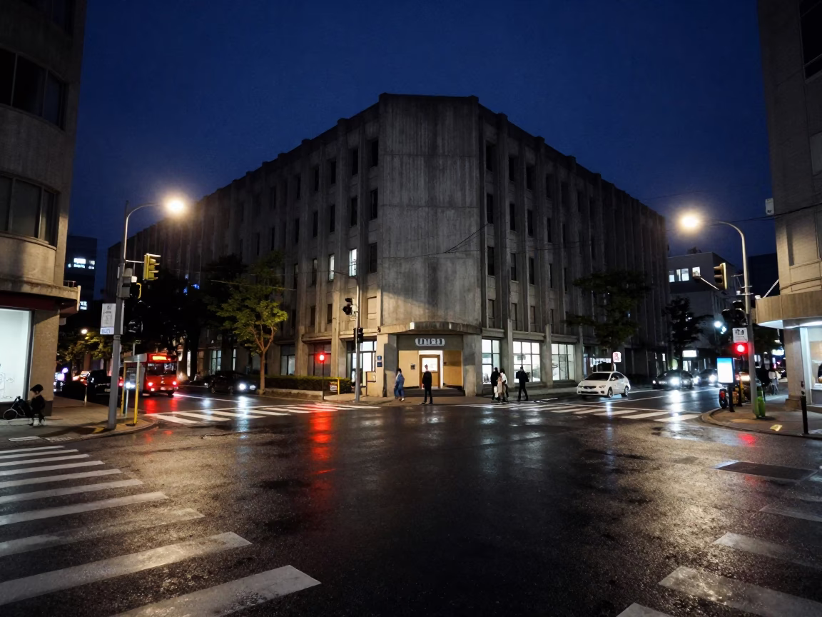Midnight Osaka Street Scene with Neon Reflections and Concrete Architecture in in Osaka, Japan