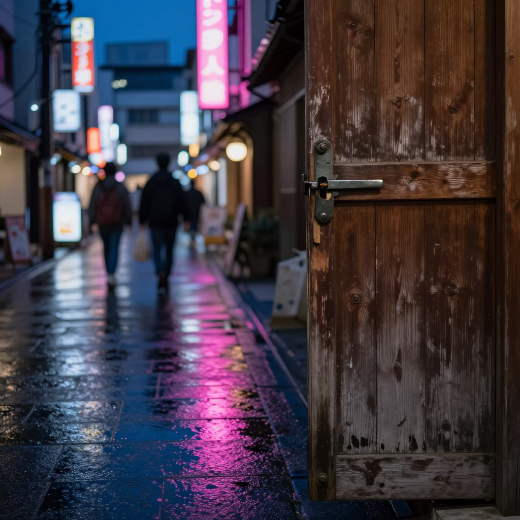 Midnight Osaka Street Scene with Neon Reflections and Traditional Door Latch Detail in in Osaka, Japan
