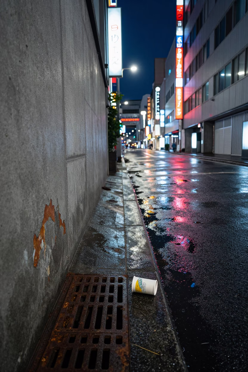 Midnight Osaka Street Scene with Neon Reflections and Urban Details in in Osaka, Japan