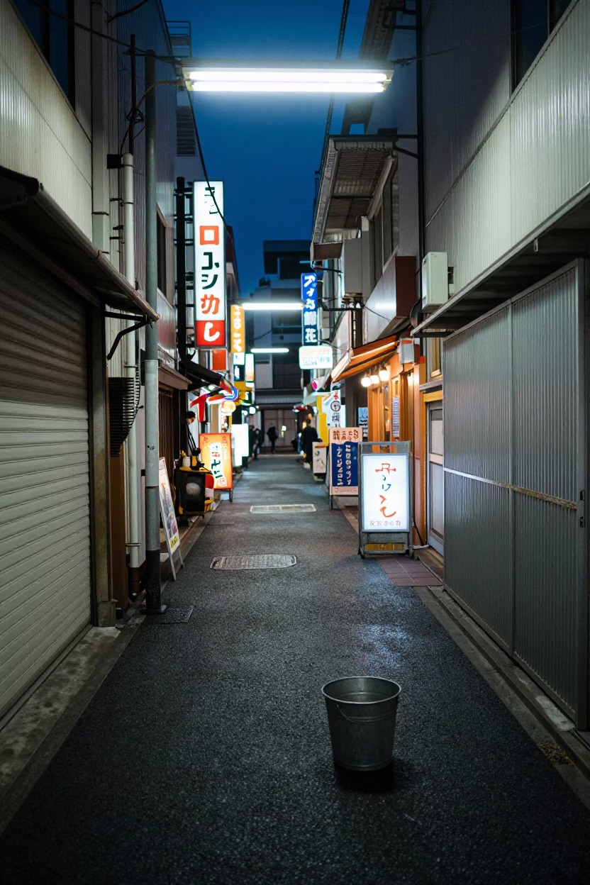 Midnight Osaka Street Scene with Neon Signs and Metal Bucket in in Osaka, Japan