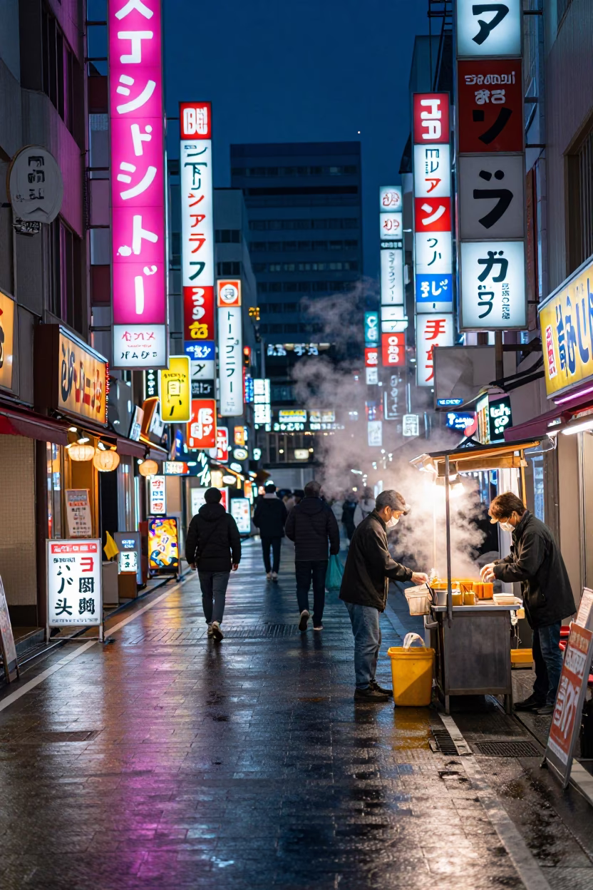 Midnight Osaka Street Scene with Neon Signs and Urban Nightlife in Japan in in Osaka, Japan