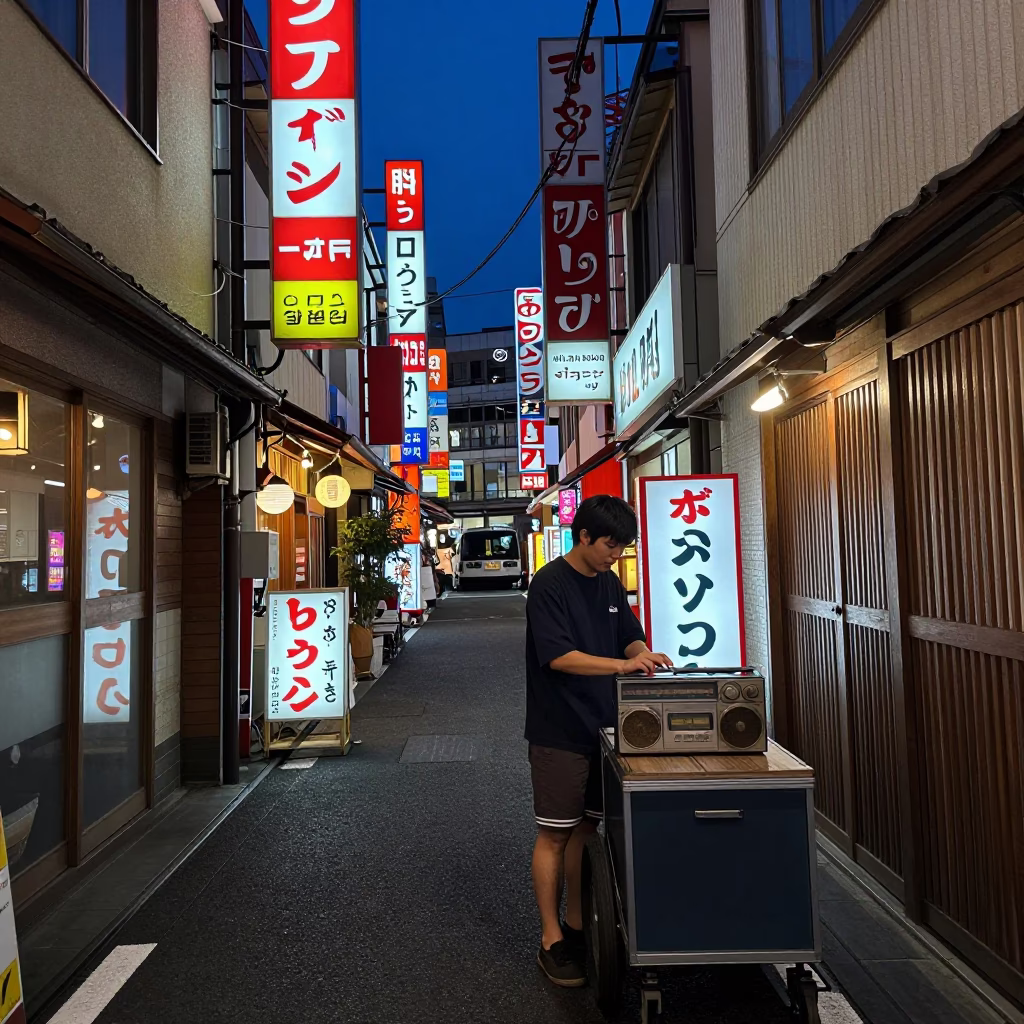 Midnight Osaka Street Scene with Neon Signs and Vintage Radio in Japan in in Osaka, Japan